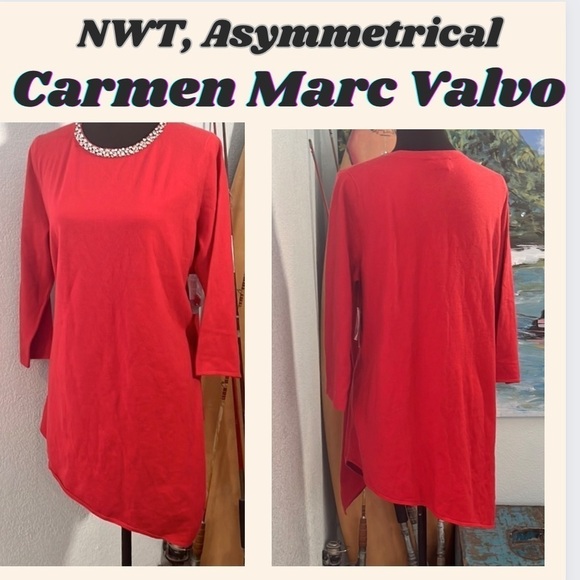 NWT Carmen Marc Valvo, Perfect Red, Soft Tunic w/Rhinestone Collar Embellishment - Picture 1 of 9